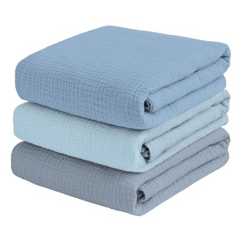 Muslin Swaddle Blankets for Baby Boy, Receiving Blankets for Boys Nursery Large 47 x 47 Inches Soft Breathable Skin-Friendly Cotton Blanket for Newborn 3 Packs, Blue
