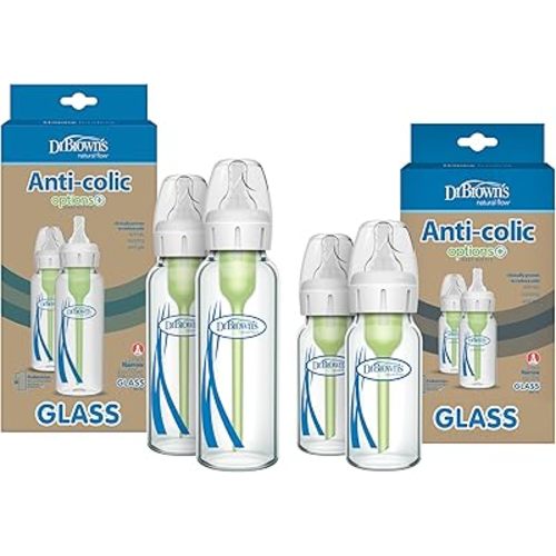 Dr. Brown's Natural Flow Anti-Colic Options+ Narrow Glass Baby Bottles, Made in The USA, BPA Free, 8oz and 4oz, 0m+, 4-Pack
