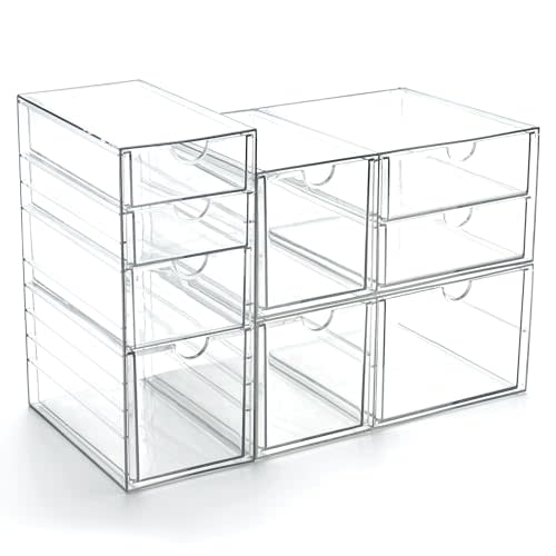 Prsildan Acrylic Drawer Makeup Organizer with 9 Drawers, Set of 3 Office Desk Organizers Accessories, Clear Stackable Storage Drawers for Vanity, Countertop, Craft, Jewelry, Art Supply Organization
