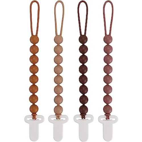 4-Pack Silicone Pacifier Clips with One-Piece Beads for Baby Boys and Girls - Flexible and Rust-Free Holders for Teething Relief and Baby Essentials, Safe for Newborns (Brown)