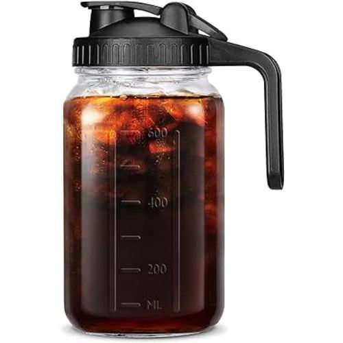 Mihlapi Mason Jar Pitcher With Lid and Spout, 32 OZ Glass Milk Pitcher for Breastmilk, Thick Glass Jug Sun Tea Pitcher, Fruit Drinks Container, Mason Jar Pour Spout Lid with Wide Mouth for Fridge