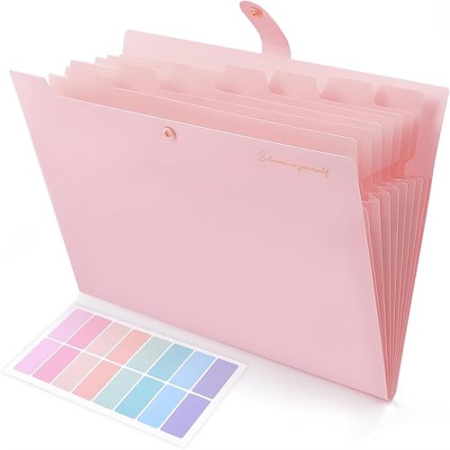 SKYDUE Expanding File Folder, Accordion File Organizer with 8 Pockets, Expandable Document Paper Receipt Holder for School Office Hospital, Letter/A4 Size Pink