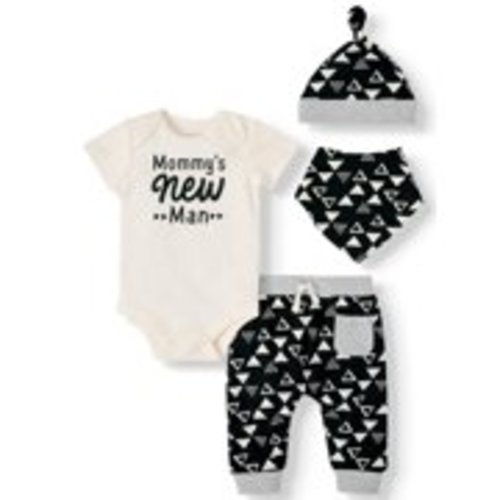 Miniville Baby Boy Short Sleeve Bodysuit, Jogger Pant, Bandana Bib & Hat, 4pc Outfit Set