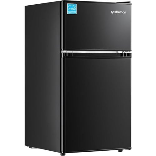 Upstreman 3.1 Cu.Ft Mini Fridge with Freezer, Double Door Small Fridge, Dorm Essentials, Adjustable Thermostat, Energy Saving, Mini Refrigerator for Office, Dorm, Bedroom, Black