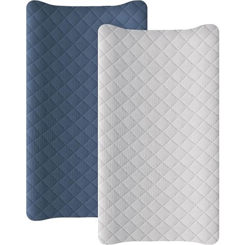 Konssy Waterproof Muslin Changing Pad Cover 2 Pack, Quilted Cotton Fitted Diaper Changing Table Cover, Soft Changing Pad Sheets for Girls Boys (Navy,Cream)