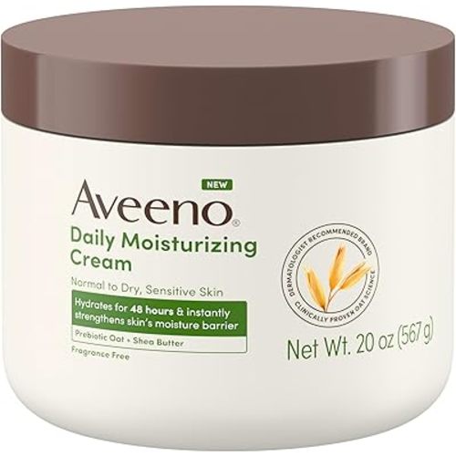 Aveeno Daily Moisturizing Cream with Prebiotic Oat & Shea Butter, Body, Face & Hand Cream for Normal to Dry, Sensitive Skin Hydrates for 48 Hours, Fragrance Free & Non-Comedogenic, 20 Oz