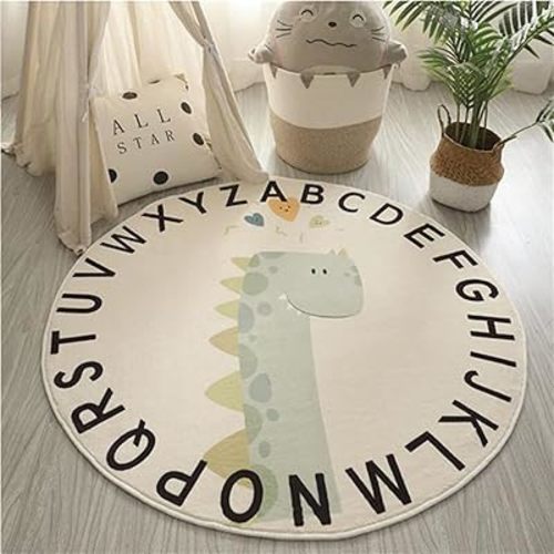 ABC Round Rug for Kids Soft Alphabet Nursery Area Rug Boys Girls Educational Learn Fun Rug Play Mat Baby Crawling Mat Carpet for Kids Room Bedroom Living Room Decor (Dinosaur, 47 inch)
