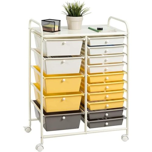 15 Drawer Rolling Storage Cart, Mobile Utility Cart with Lockable Wheels, Drawers, Multipurpose Organizer Cart for Home, Office, School, Yellow