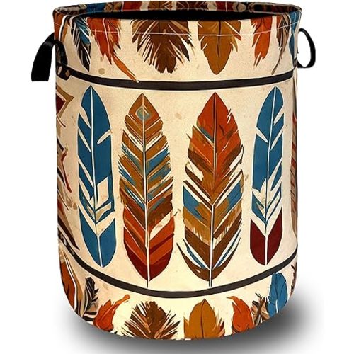 Boho Feather Print Laundry Basket Western Funny Laundry Hamper Foldable Oxford Cloth Colorful Tote Bag Clothes Toy Storage Bucket 18.9" x 16.5"For Bathroom/Laundry Storage/Bedroom