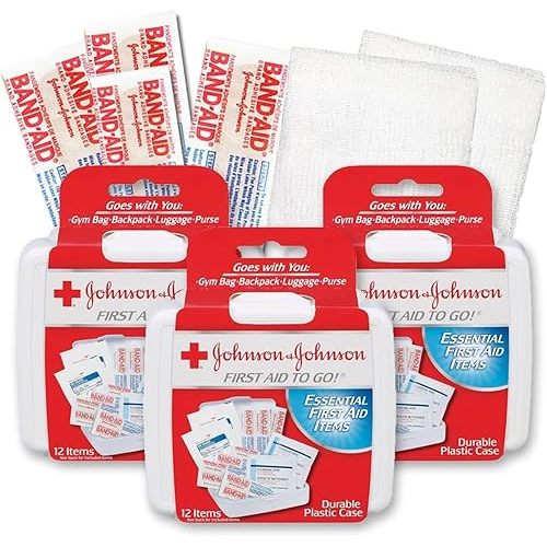 Johnson & Johnson First First Aid Kit for Car, Office, Purse Travel Size (Pack of 3) With Cleansing Wipe