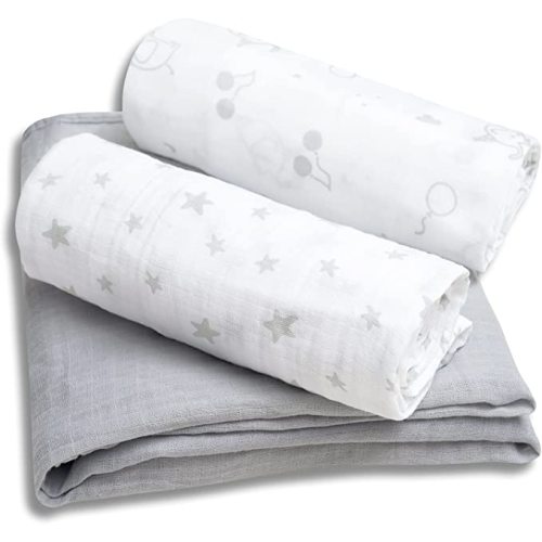 david's kids 3 Pack Baby Muslin Swaddle Blankets-100% Organic Cotton Swaddling Blankets Wrap for Boys and Girls-Large 47x47 inches-Soft Breathable Receiving Blanket-Grey/Elephant/Stars
