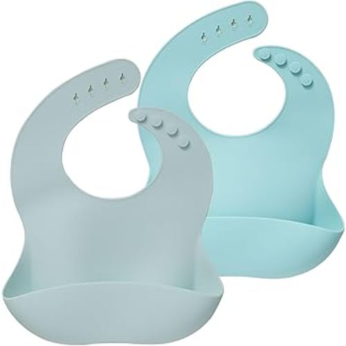 Moonkie Silicone Baby Bibs Set Of 2 | BPA Free Waterproof | Soft Flexible Adjustable Silicone Bibs for Babies & Toddlers(Morning Mist/Blue Sky)