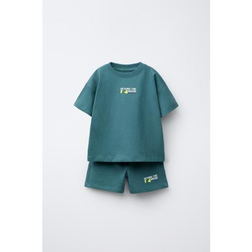 T-SHIRT AND BERMUDA SHORTS SET WITH TEXT PRINT - Deep blue | ZARA United States