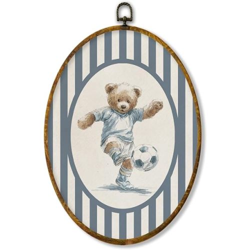 XPH Soccer Bear Nursery Oval Wall Art Framed, Sports Oval Wall Decor, Blue Striped Soccer Player Bear Hanging Canvas Prints for Home Kids Toddler Boys Room Bedroom Playroom Decoration, 8.6x11.4 Inch