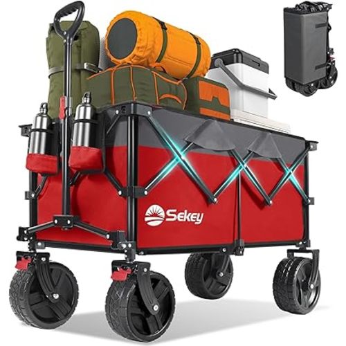 Sekey 220L Collapsible Foldable Wagon with 330lbs Weight Capacity, Heavy Duty Folding Utility Garden Cart with Big All-Terrain Beach Wheels & Drink Holders.Red&Grey