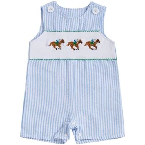 Newborn Baby Boys Sleeveless Seersucker Romper One Piece Straps Overalls Striped Jumpsuit Summer Smocked Clothes