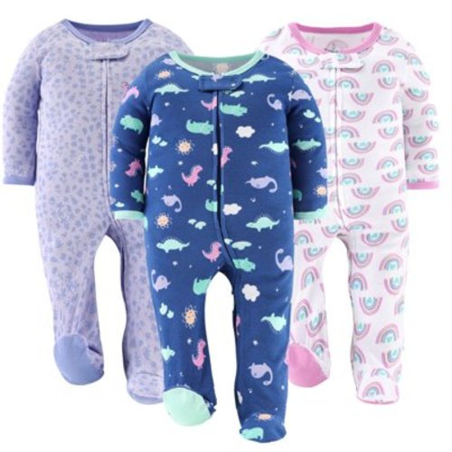 The Peanutshell Baby Sleep n Play Footed Pajamas for Baby Girls, Dino Girl, 3 Pack, 6-9 Months