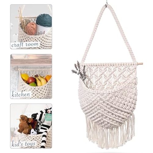 Hanging Boho Macrame Storage Basket, Off White