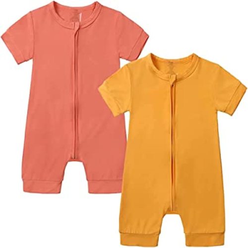 JunNeng Baby Boy Girl 2 Pack Rayon of Bamboo Summer Sleeper Infant Soft Short Sleeve Zipper Footless One-piece Romper