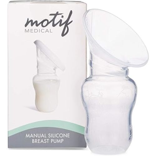 Motif Medical Manual Handheld Breast Pump - Portable Breast Milk Pump for New Mothers - Flexible & Air Powered Suction Silicone Breast Pump - Nursing Essentials for Newborn Babies (4oz, Clear)