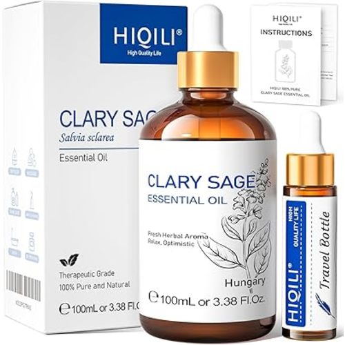 HIQILI Clary Sage Oil Essential, Herbal Sooth Aroma in Diffuse for Anxiety Relief, Meditation, Calming Sleep at Bedtime, Body Massage, Moisturize Skin, DIY Deodorant Spray - 100ML