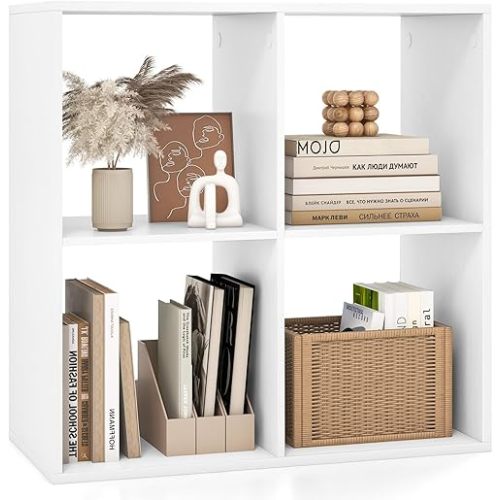 Tangkula 4-Cube Bookcase, 3-Tier Bookshelf with Open Compartments, Freestanding Cube Storage Organizer with Anti-Toppling Kits, Modern Display Shelf for Living Room, Study, Office, White (1,4-Cube)