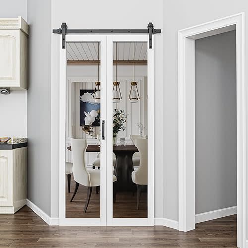 36" x 84" 1 Lite Mirror Bi-Fold Barn Door with Hardware Kit Included, Pre-Assembled Panel HD Explosion-Proof Bi Fold Barn Door for Pantry, Closet, Primed White Finish with Water Resistance, Paintable