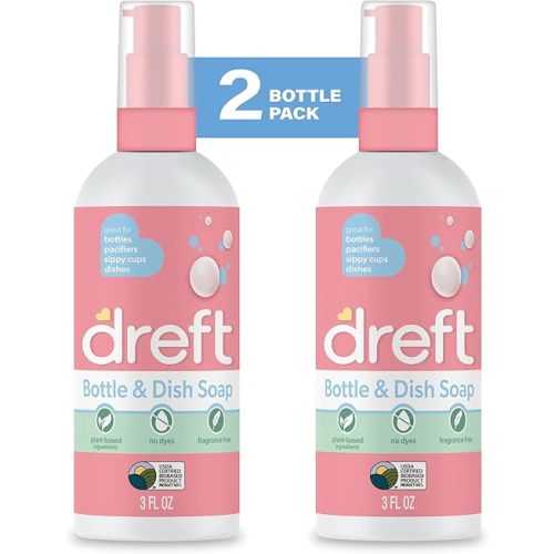 Dreft Bottle and Dish Soap | Made to Clean Baby Bottles, Sippy Cups, Pacifiers, Breast Pumps, & More | Gently Removes Milk Film & Odors | Plant Based, Fragrance Free Dish Soap | 3 Fl Oz (Pack of 2)