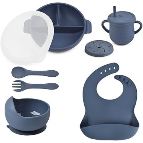 Silicone Baby Feeding Set - Perfect silicone plates for baby & Toddler Plates with lids, Baby Bowls with Suction, Baby Utensils - Baby Led Weaning Supplies & Eating Essentials - (Blue)