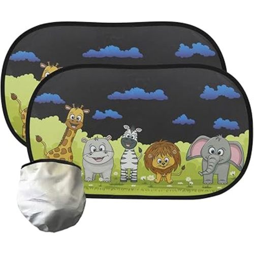 PandaEar 2 Pack Car Window Shades for Baby, Cute Safari Animal Sun Shades for Side Windows, UV Protection with Foldable Design & Storage Pouch, Car Sunshade for Toddlers, Kids & Infants
