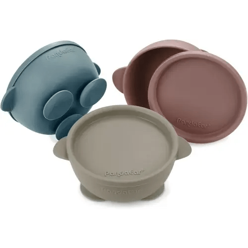 PandaEar 3 Pack Baby Bowls with Suction, Silicone Toddler Bowls with Lids, No Spill Suction Bowls for Baby Infant First Stage, Baby Food Feeding Bowl Set, Blue/Brown/Red