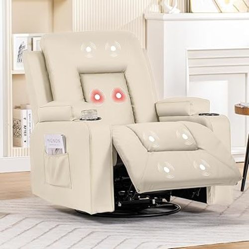 COMHOMA Recliner Chair, Swivel Rocker Recliners, Massage and Heat Reclining Chair, Reclining Sofa with Side Pockets, Cup Holders for Living Room, Bedroom (White)