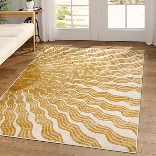 Boho Washable 5x7, Sun Print Soft Nursery Rug for Bedroom Ultra-Thin Kids Non Slip, Stain Resistant Classroom Carpet for Living Room Office (5'x 7', Gold/Multi)