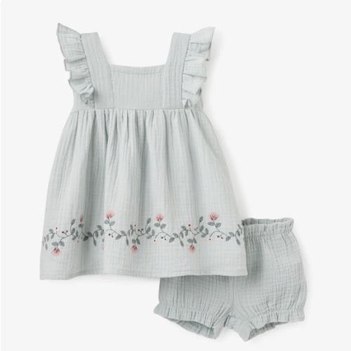 Aqua Embroidered Organic Muslin Dress w/Blmr – Elegant Baby