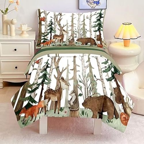 4 Pieces Woodland Animal Toddler Bedding Set, Forest Deer Bear Fox Bed Comforter Set for Boys Girls, Cute Toddler Bed Set Includes Comforter, Flat Sheet, Fitted Sheet and Pillowcase