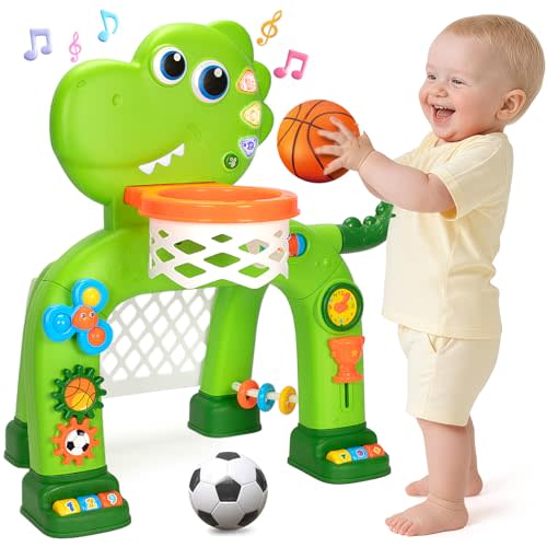 Toddler Basketball Hoop & Soccer Goal, Baby Toys for 1 2 3 Year Old Boys Girls, Kids Sports Toy with Light Sound Music, Dinosaur Toys for 12-16-18 Months, Christmas Birthday Gifts for Ages 1-3