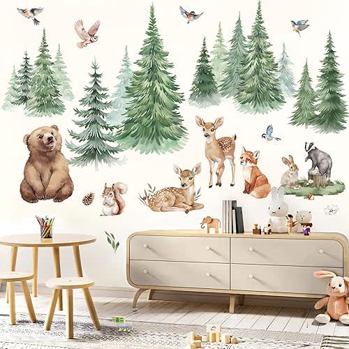wondever Large Pine Tree Animal Wall Decals Woodland Animal Bear Deer Fox Peel and Stick Wall Stickers for Baby Nursery Kids Bedroom Living Room Wall Decor