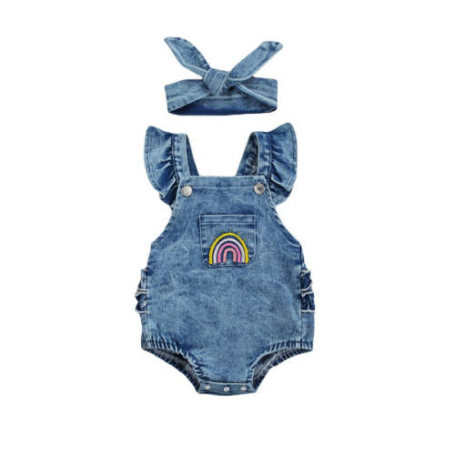 RAINBOW Denim Ruffle Romper - Hazel & Bo