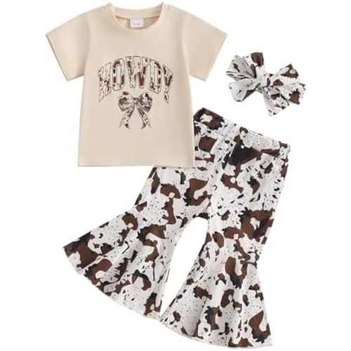 Infant Toddler Baby Girl Western Clothes Short Sleeve Shirts + Cow Print Flare Pants + Headband Summer Outfits
