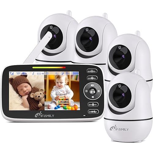 iFamily Baby Monitor with 4 Cameras and Audio - Video Baby Monitor with Remote Pan/Tilt, VOX Mode, Night Vision, Two-Way Talk, Feeding Reminder, Temperature, Build in Lullabies, Long Range