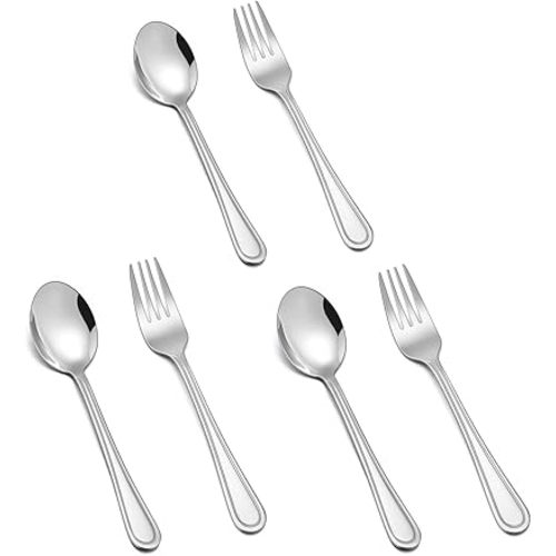TeamFar Toddler Utensils, Stainless Steel Toddler Silverware Small Kid Cutlery Set for Self-Feeding, with Line Patterned Edge, Healthy & Non Toxic, Mirror Surface & Dishwasher Safe–3 Forks + 3 Spoons