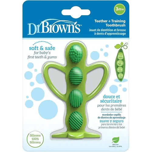 Dr. Brown's Peapod Teether + Training Toothbrush, Help Soothe Baby's Sore Gums, Soft 100% Silicone, BPA Free, 3m+