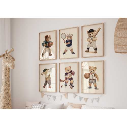Sports Teddy Bear Bundle of 6 Prints, Vintage Nursery Gallery Wall Art, Watercolor Bear Illustration, Sport Theme Nursery Boys Room Decor