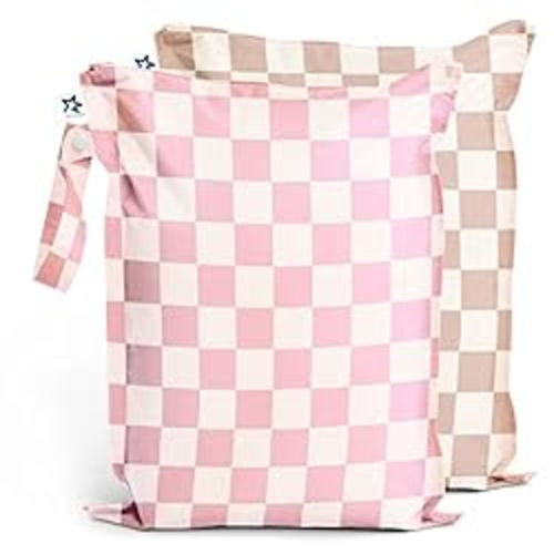 Tiny Twinkle Mess-proof Wet Bags 2 Pack Waterproof and Washable Bag for Travel storage, Stroller, Daycare, Baby Diapers, Yoga, Beach, Pool, Wet Toddler Swimsuits (Pink, Brown Checkers)