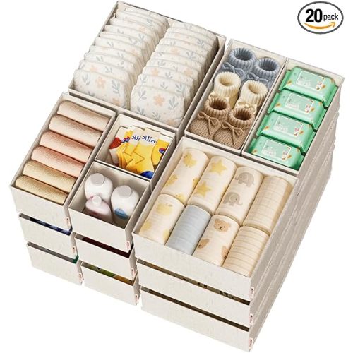 Cotton Linen Drawer Organizers for Baby Clothes, 20Pack Multi-Size Nursery Dresser Dividers for Clothes, Premium Foldable Storage Bins for Bedroom, Closet and Diaper Table, Beige