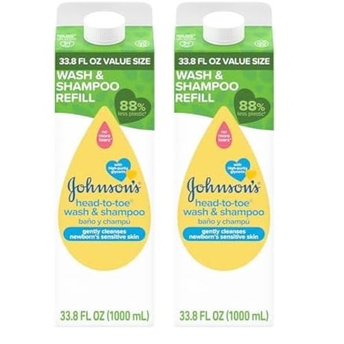 Johnson's Head-To-Toe Gentle Body Wash & Shampoo for Baby's Sensitive Skin & Hair, Tear-Free, Sulfate-Free & Hypoallergenic, Value Size Refill, 33.8 fl. oz (Pack of 2)