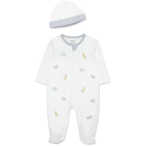 Little Me Gender Neutral Clothes for Baby 2-Piece 100% Cotton Scratch-Free Tag Footie Sleeper and Cap Sets, Preemie to 9M