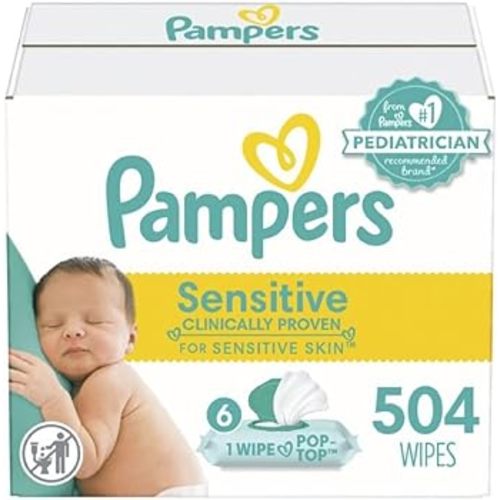 Pampers Sensitive Baby Wipes, Water Based, Hypoallergenic and Unscented, 6 Flip-Top Packs (504 Wipes Total) [Packaging May Vary]
