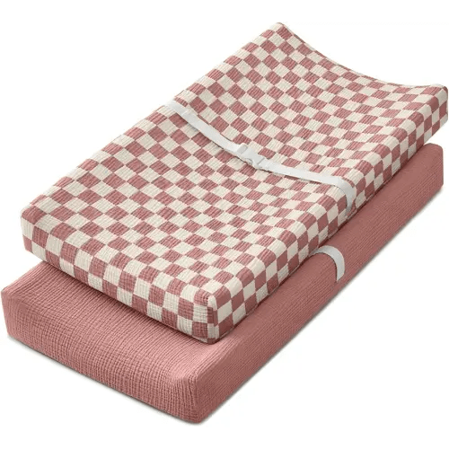 Blissful Diary Muslin Changing Pad Cover for Baby Girls, Ultra Soft Breathable Cotton, Baby Diaper Change Table Pad Covers, 2Pack (Checkered Pink & Dusty Pink)