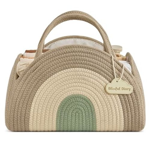 Blissful Diary Baby Diaper Caddy Organizer, Cotton Rope Diaper Caddy Basket, Large Storage Basket for Newborn Boys and Girls, Gift for Baby Shower List, Newborn Essentials, Natural Rainbow